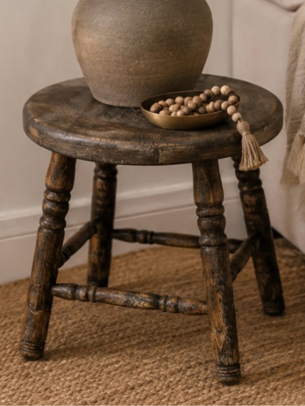 Round Turned-Leg Rustic Brown Wooden Accent Stool - Black Brown Color Distressed